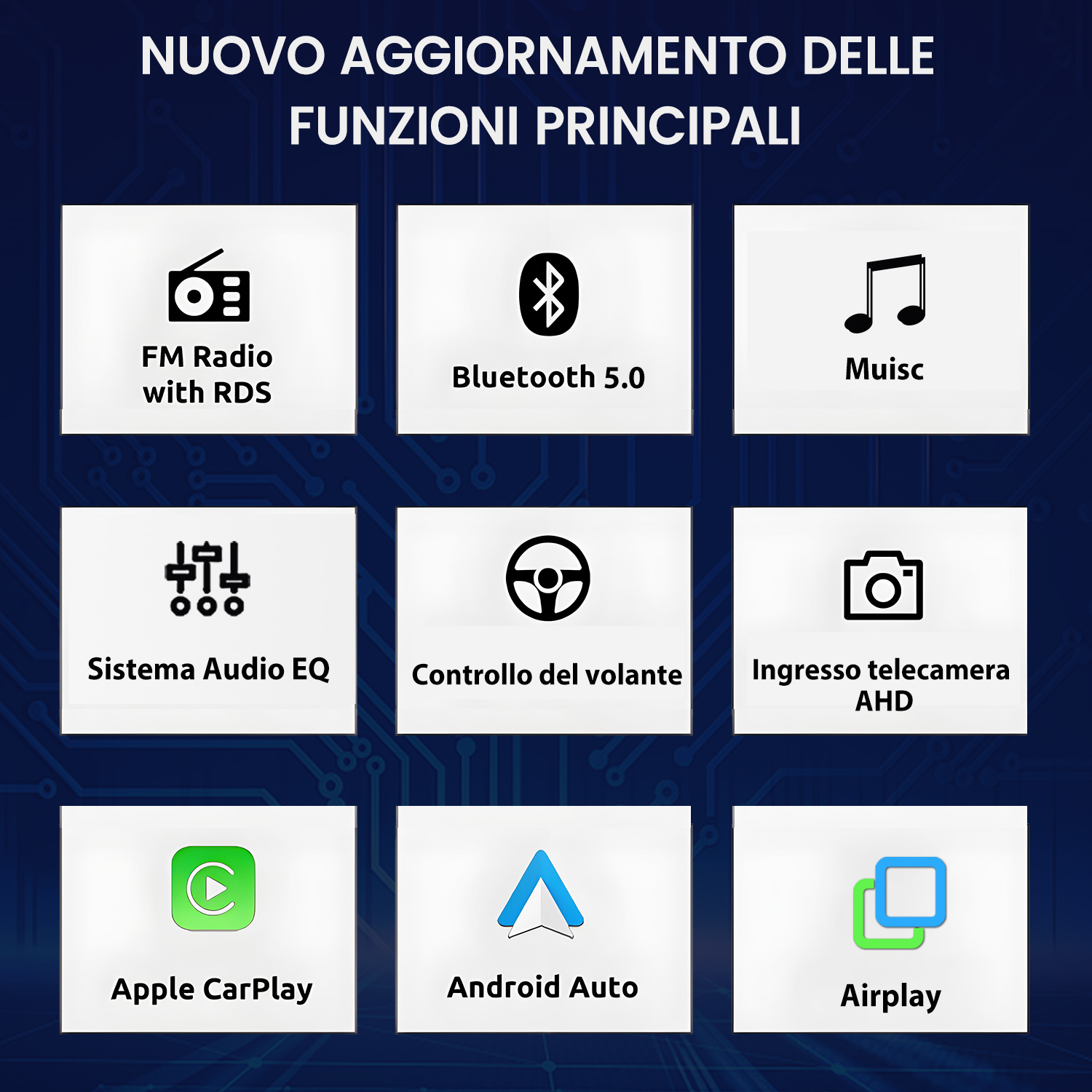 Panoramica delle funzioni principali: Radio FM, Bluetooth, Musica, Equalizzatore Audio, Comandi Volante, Ingresso Telecamera AHD, CarPlay, Android Auto, Airplay.