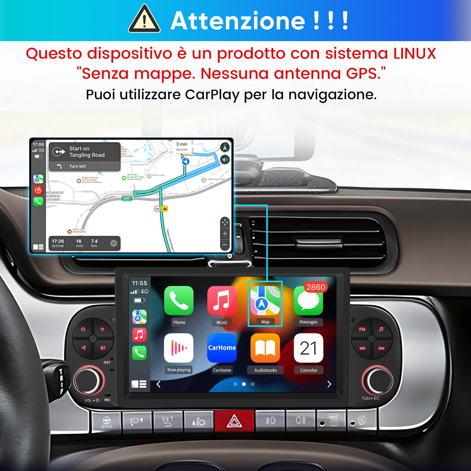 Interno auto con sistema di infotainment che mostra navigazione e app.