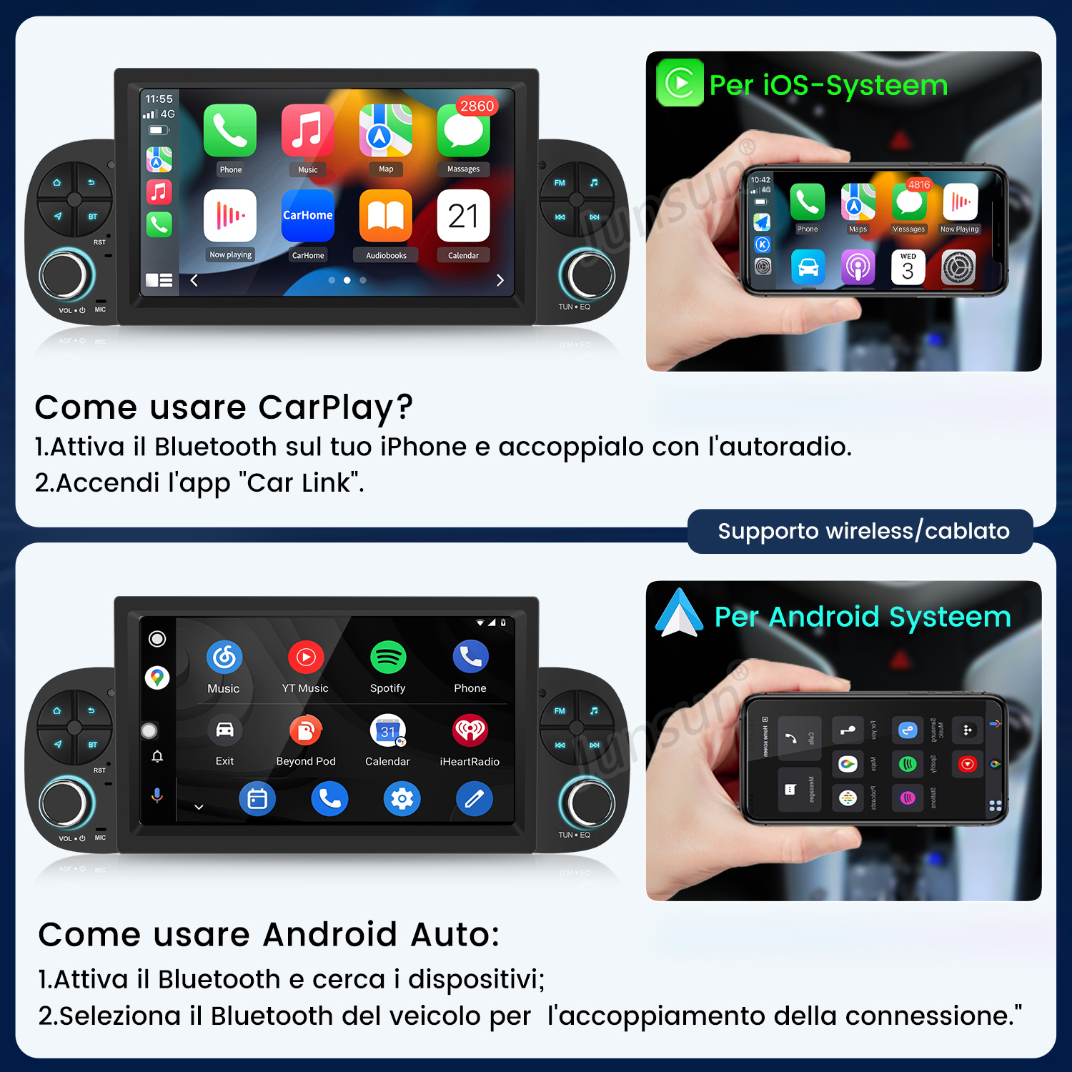 Schermi con CarPlay e Android Auto, con istruzioni e immagini di esempio.