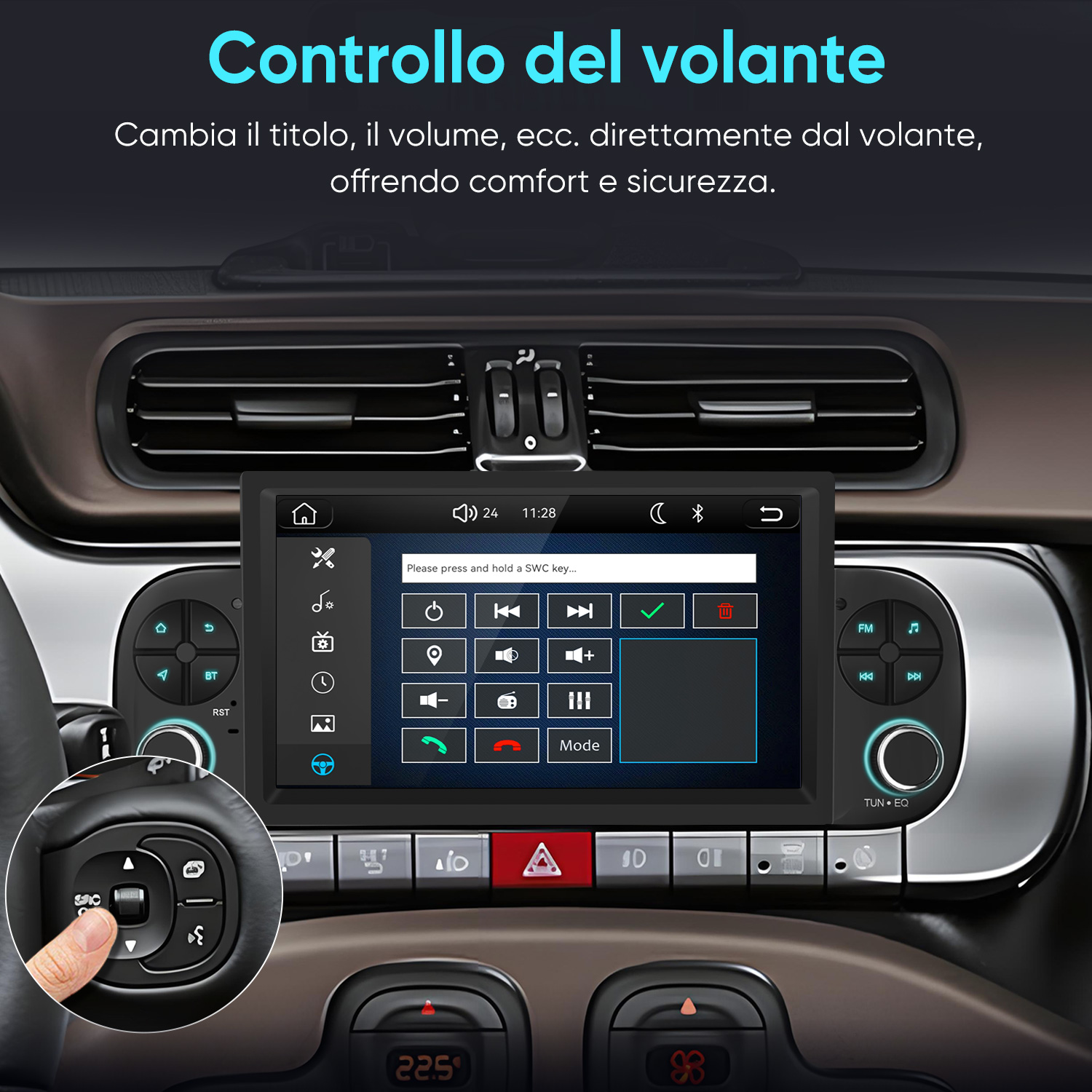 Un dito preme un pulsante sul volante di un'auto, mostrando la radio dell'auto e la console centrale.