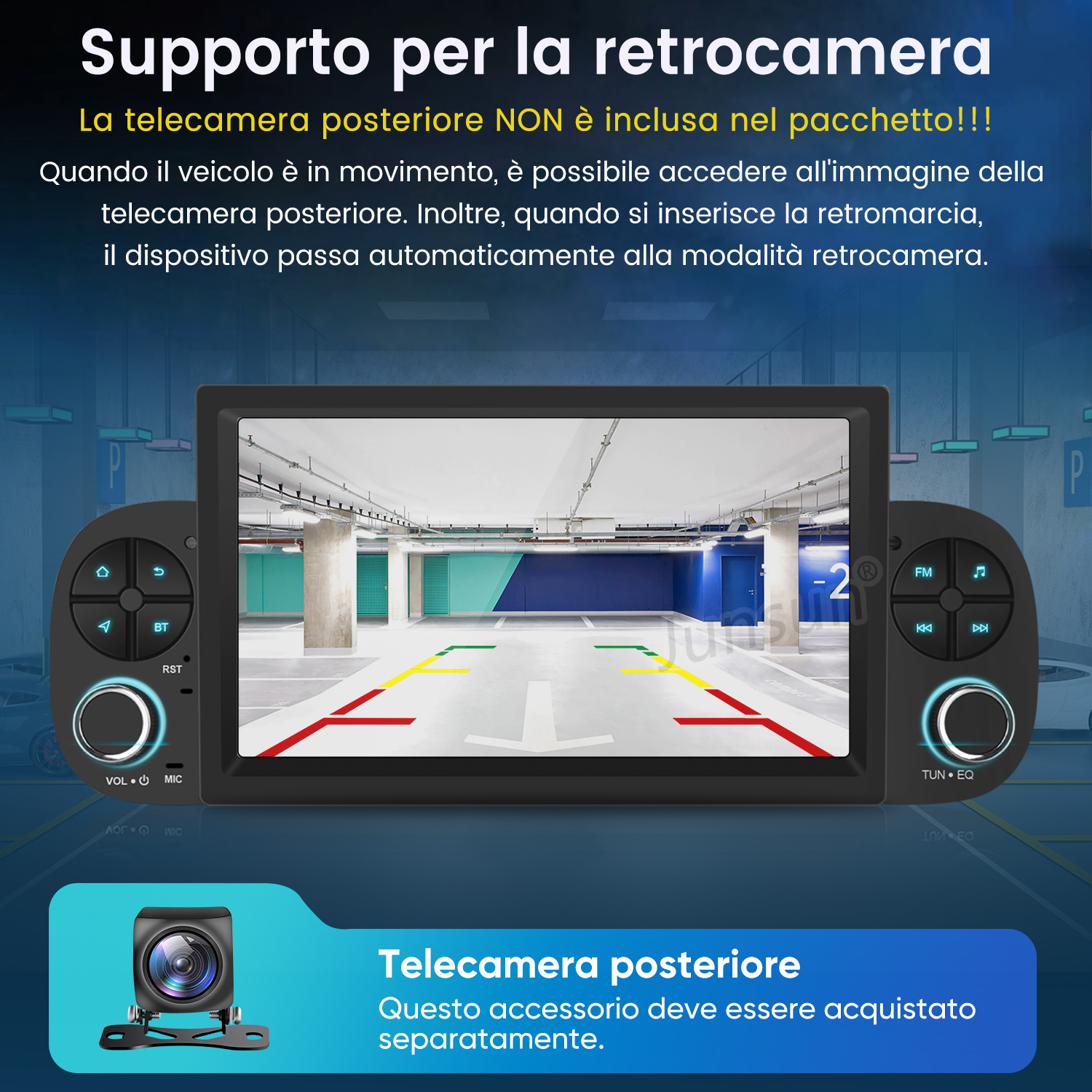 Supporto retrocamera: Schermo mostra vista parcheggio e telecamera.