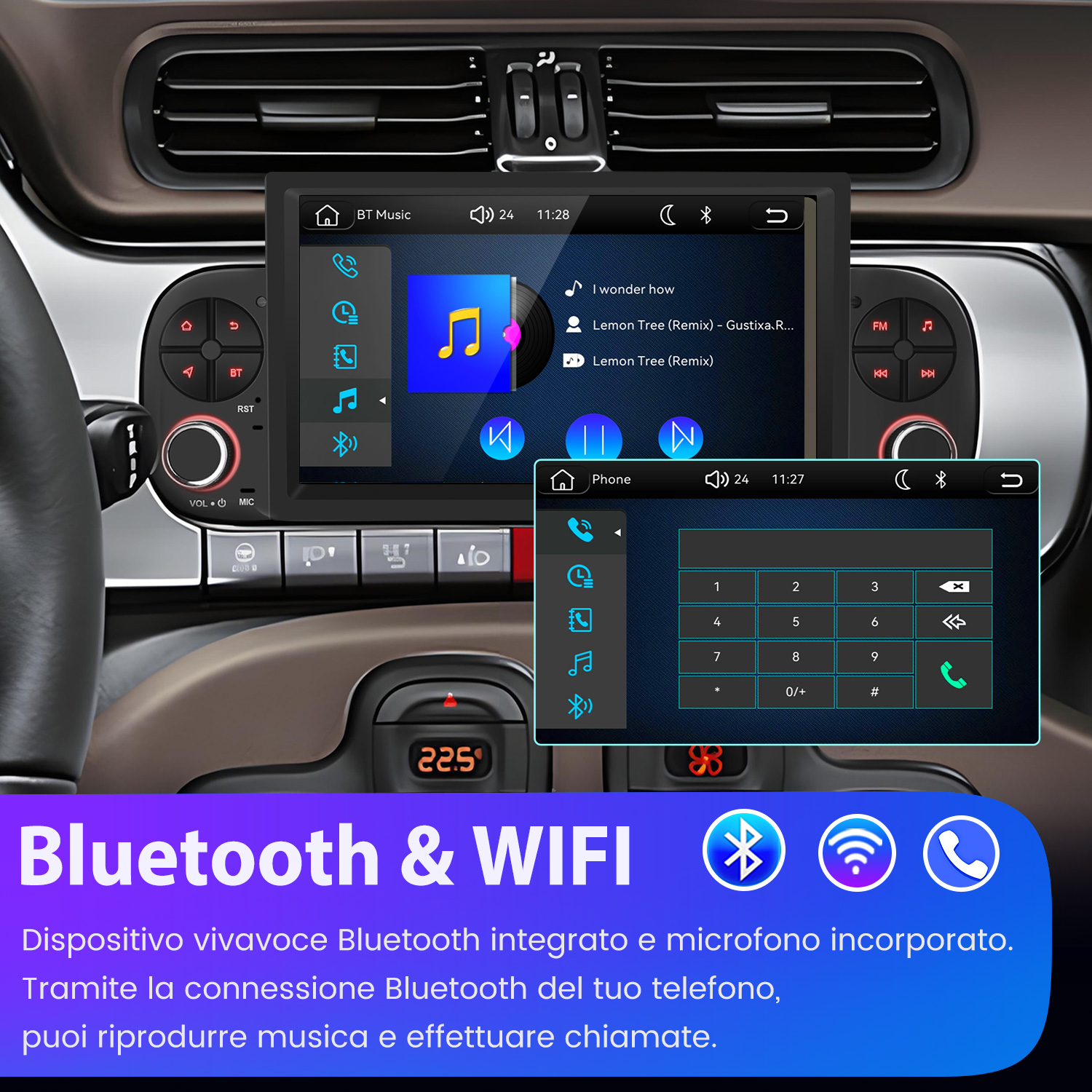 Touchscreen autoradio mostra menu musica e telefono con tastierino numerico.