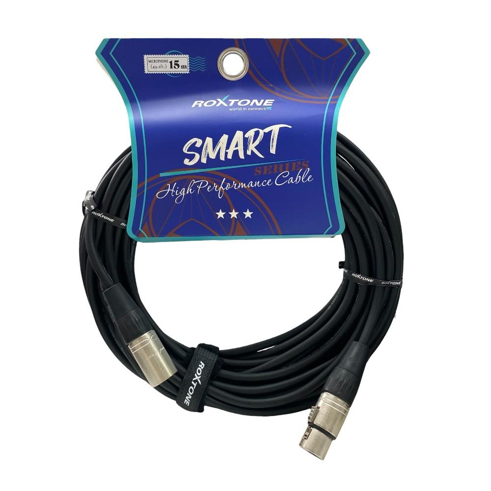 XLR konektörlü siyah 15m RoxTone Smart Series yüksek performanslı mikrofon kablosu.
