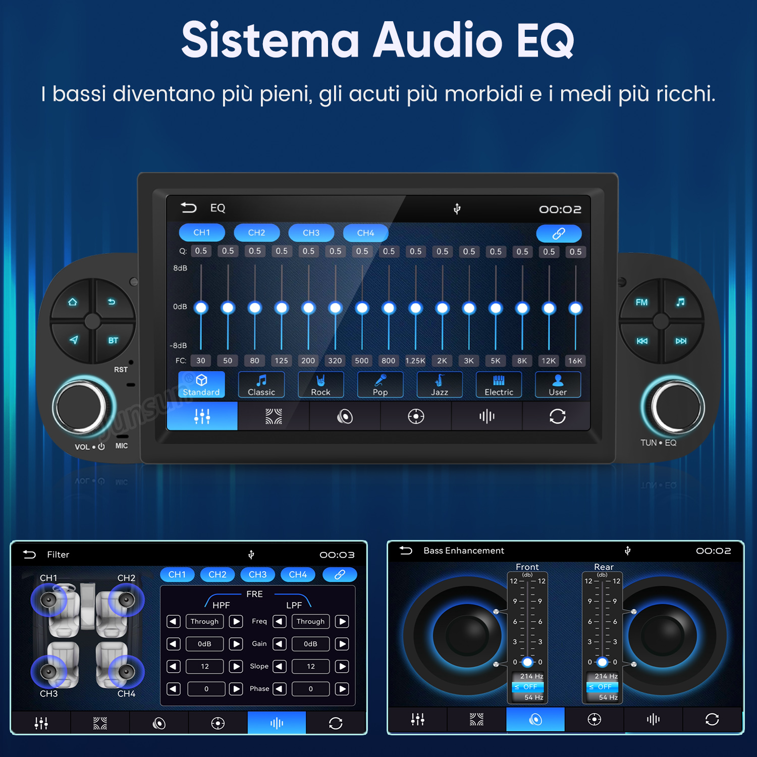 Un sistema EQ audio per auto che mostra le impostazioni di equalizzatore, filtro e potenziamento dei bassi.