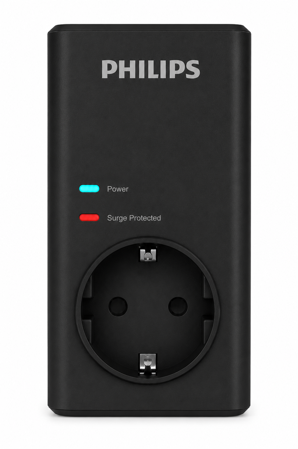 Soketi, güç (mavi) ve aşırı gerilim koruması (kırmızı) ışıkları olan siyah Philips fiş.