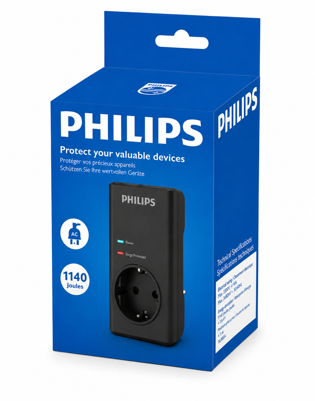 Philips aşırı gerilim koruyucu fiş, 1140 Joule, mavi-beyaz ambalaj üzerinde.