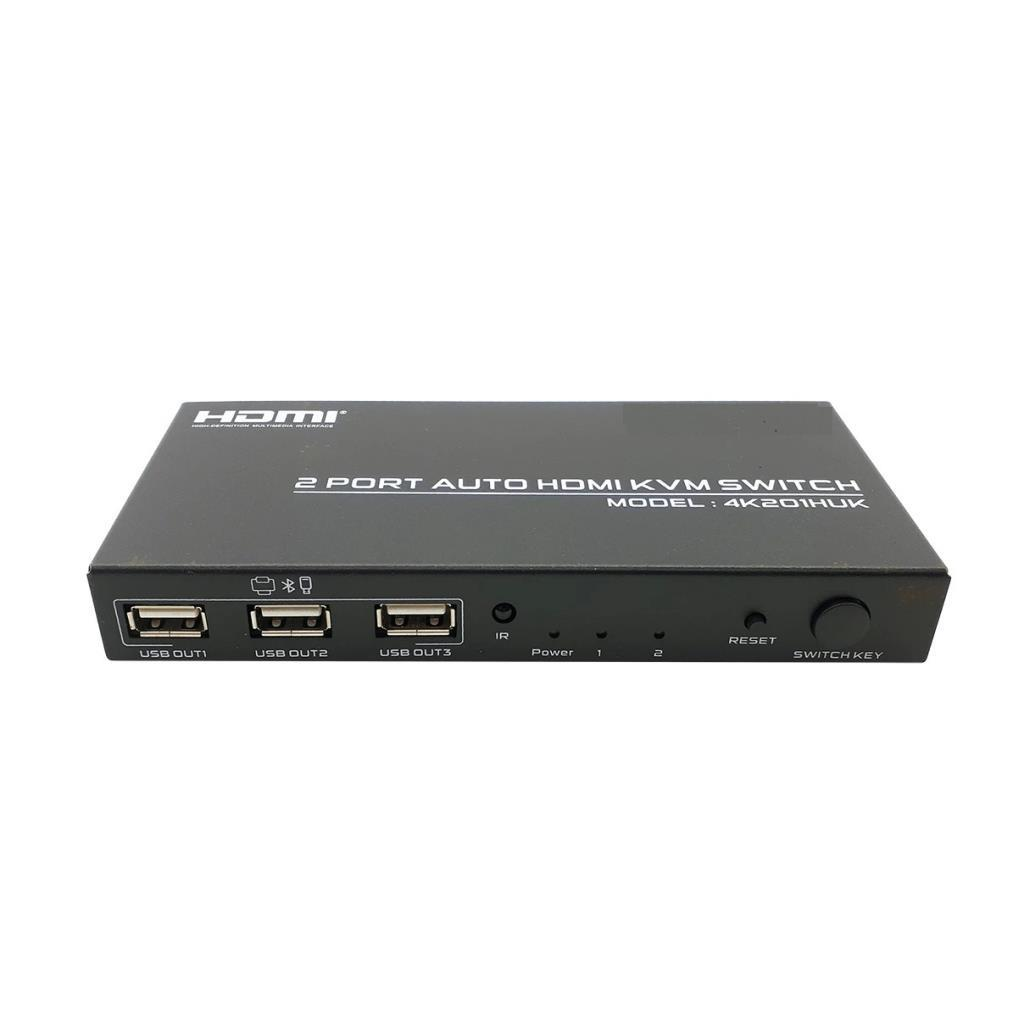 USB bağlantı noktaları, güç, sıfırlama ve anahtar düğmeleri olan siyah 2 portlu HDMI KVM anahtarı.