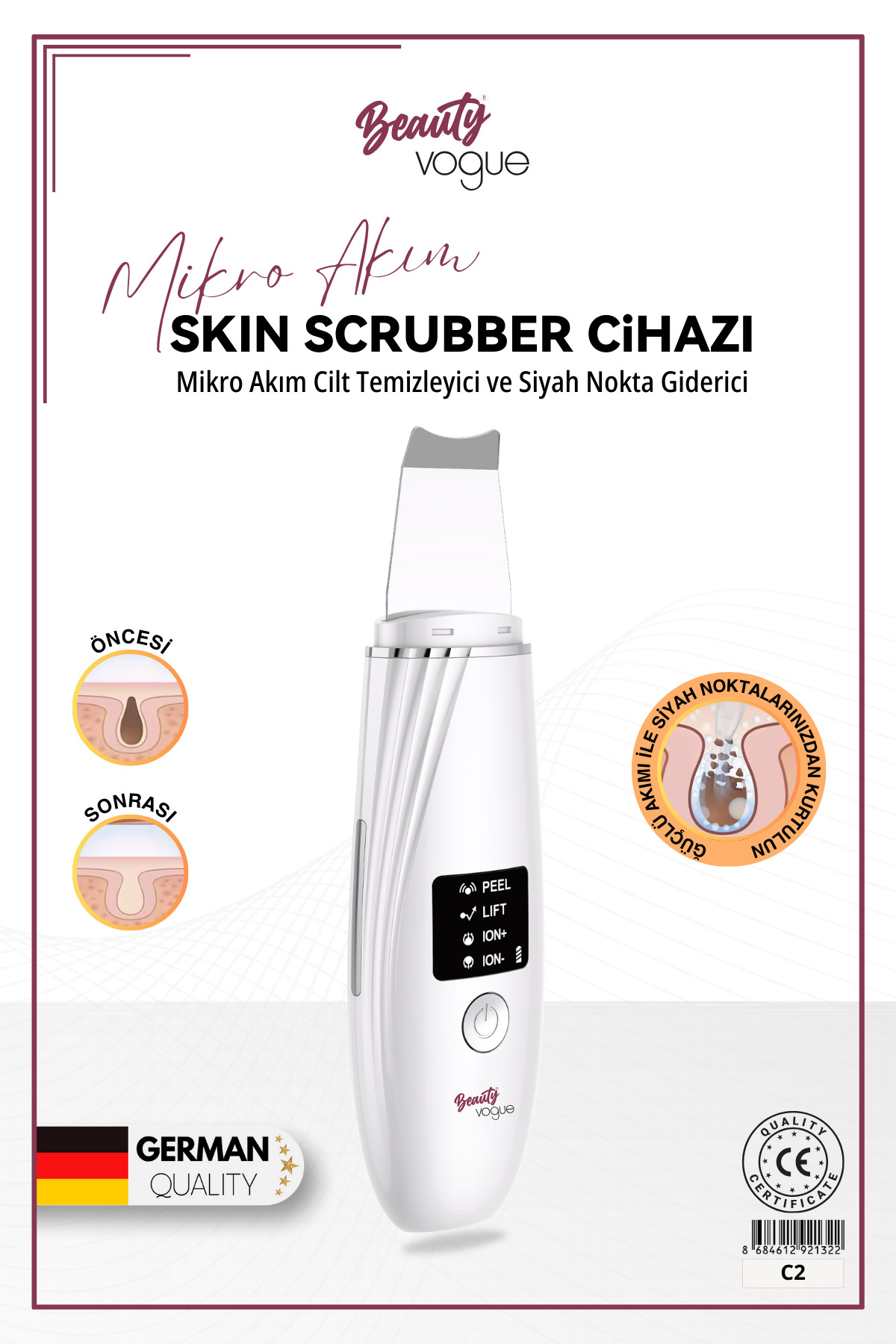 Ekranlı beyaz cilt scrubber cihazı, scrubber ve cilt animasyonlarını gösteriyor.