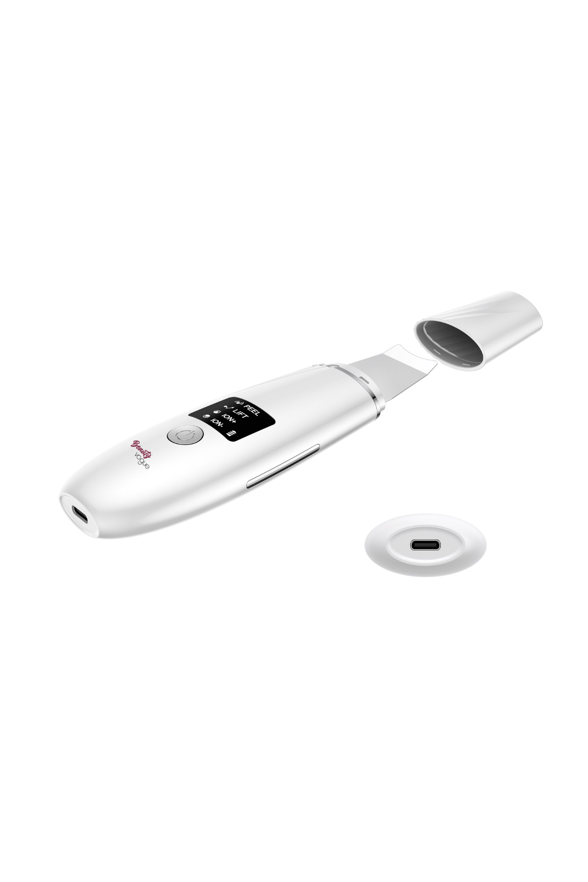 Ekranında PEEL, LIFT, ION+, ION- modları gösteren beyaz ultrasonik cilt temizleyici. Kapak çıkarılmış.