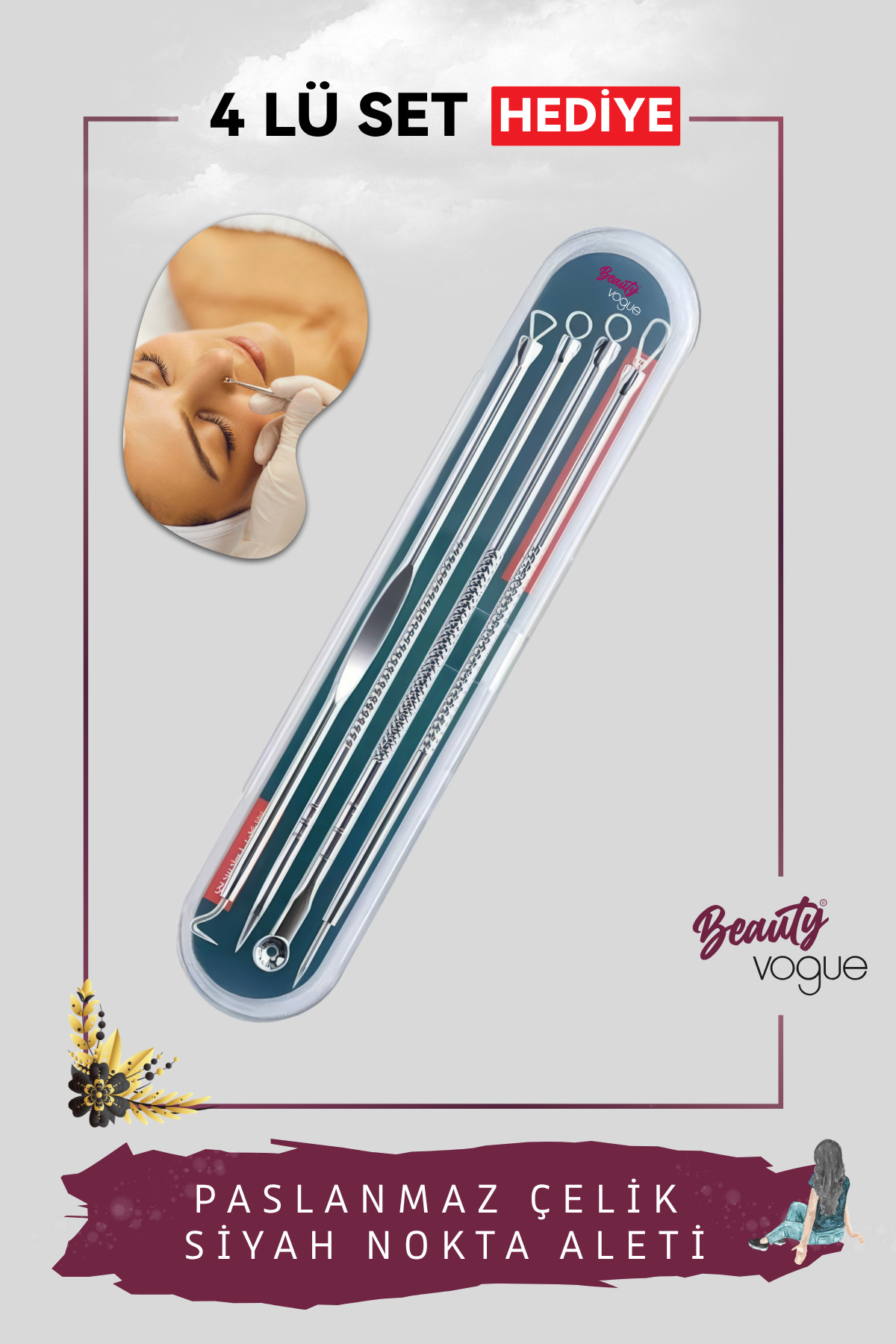Bir kadının yüzünün yanında 4 paslanmaz çelik siyah nokta temizleyici seti.