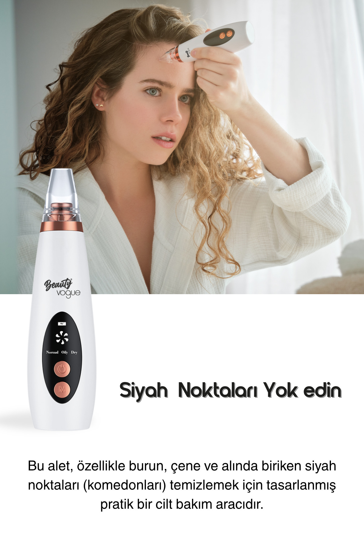 Bir kadın alnındaki siyah noktaları gidermek için cilt bakım cihazı kullanıyor.