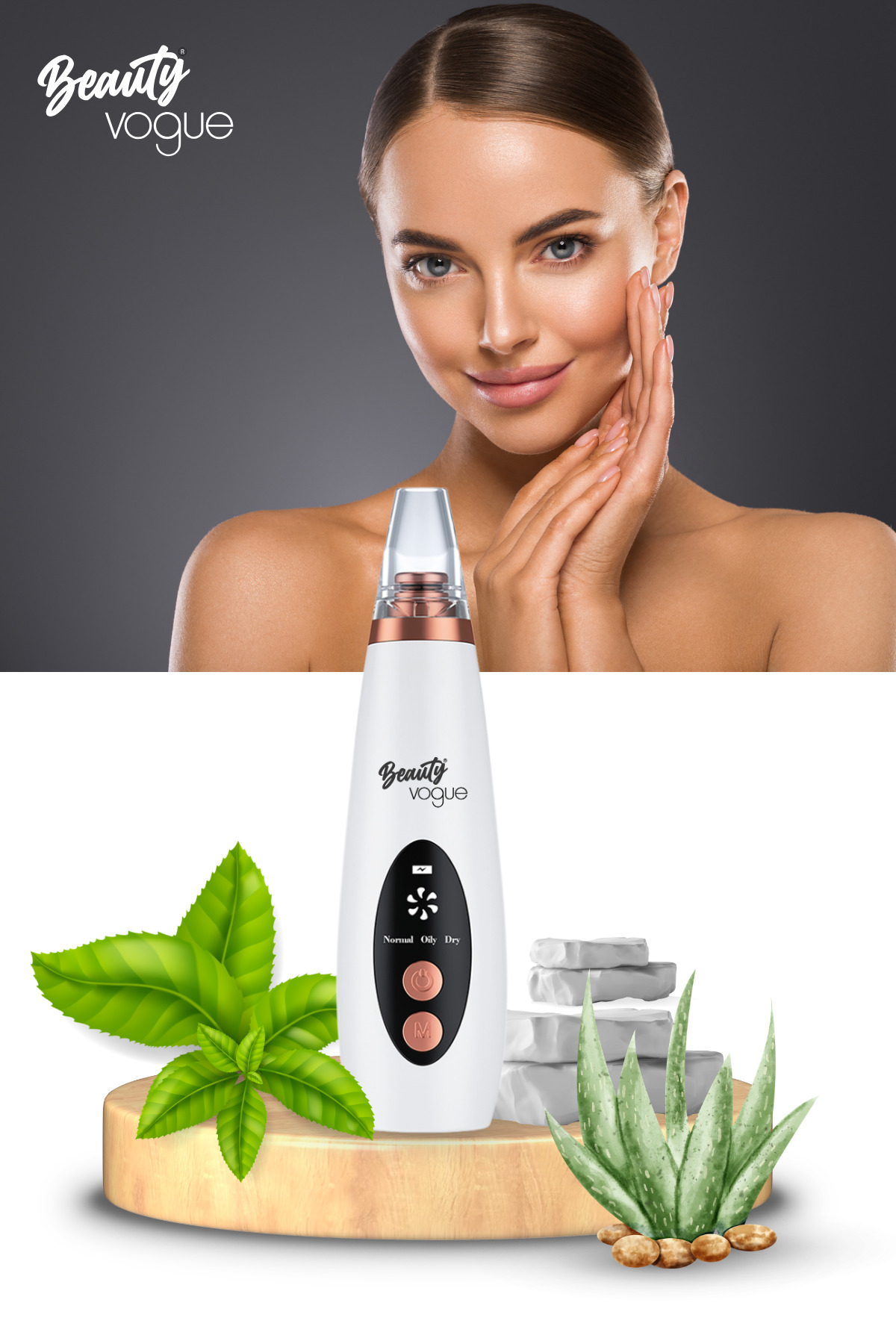 Pürüzsüz cilde sahip kadın, cilt bakım cihazı, yapraklar ve aloe vera yanında.