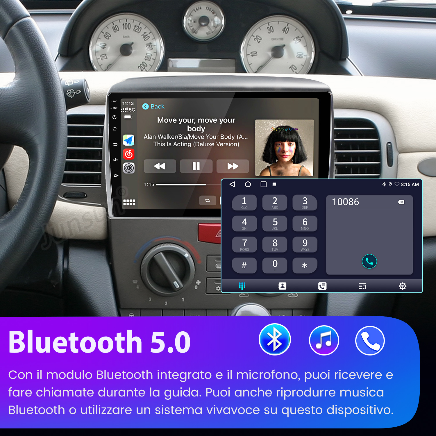 Cruscotto auto con touchscreen che mostra musica e tastierino.