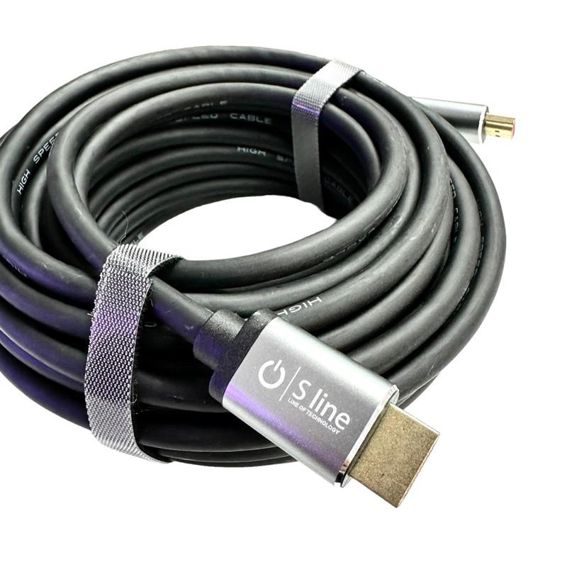 Gümüş konektörlü ve "S line" logolu siyah HDMI kablosu, sarılı.