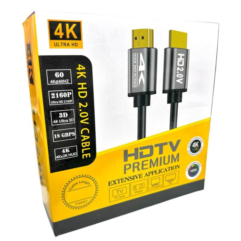 4K HD 2.0V kablo kutusu. Özellikler 60Hz, 2160P, 3D, 18 GBPS, 4Kx2K HUD. İki HDMI kablosu gösterir.