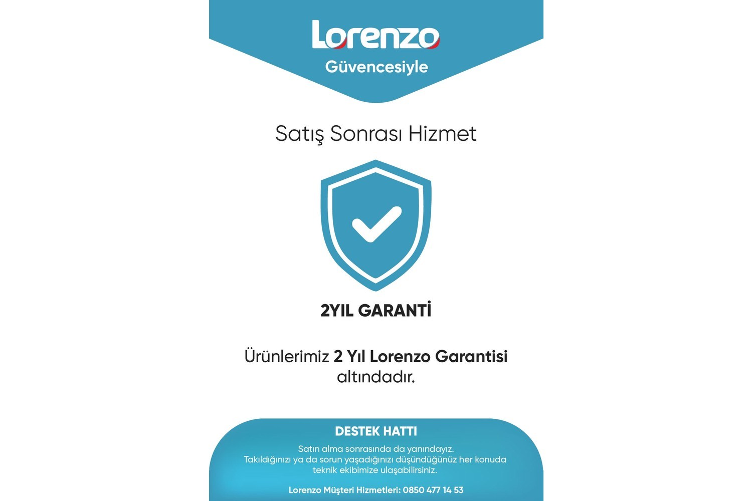 Lorenzo logosu, müşteri hizmetleri ikonu, 2 yıl garanti ve iletişim bilgileri.
