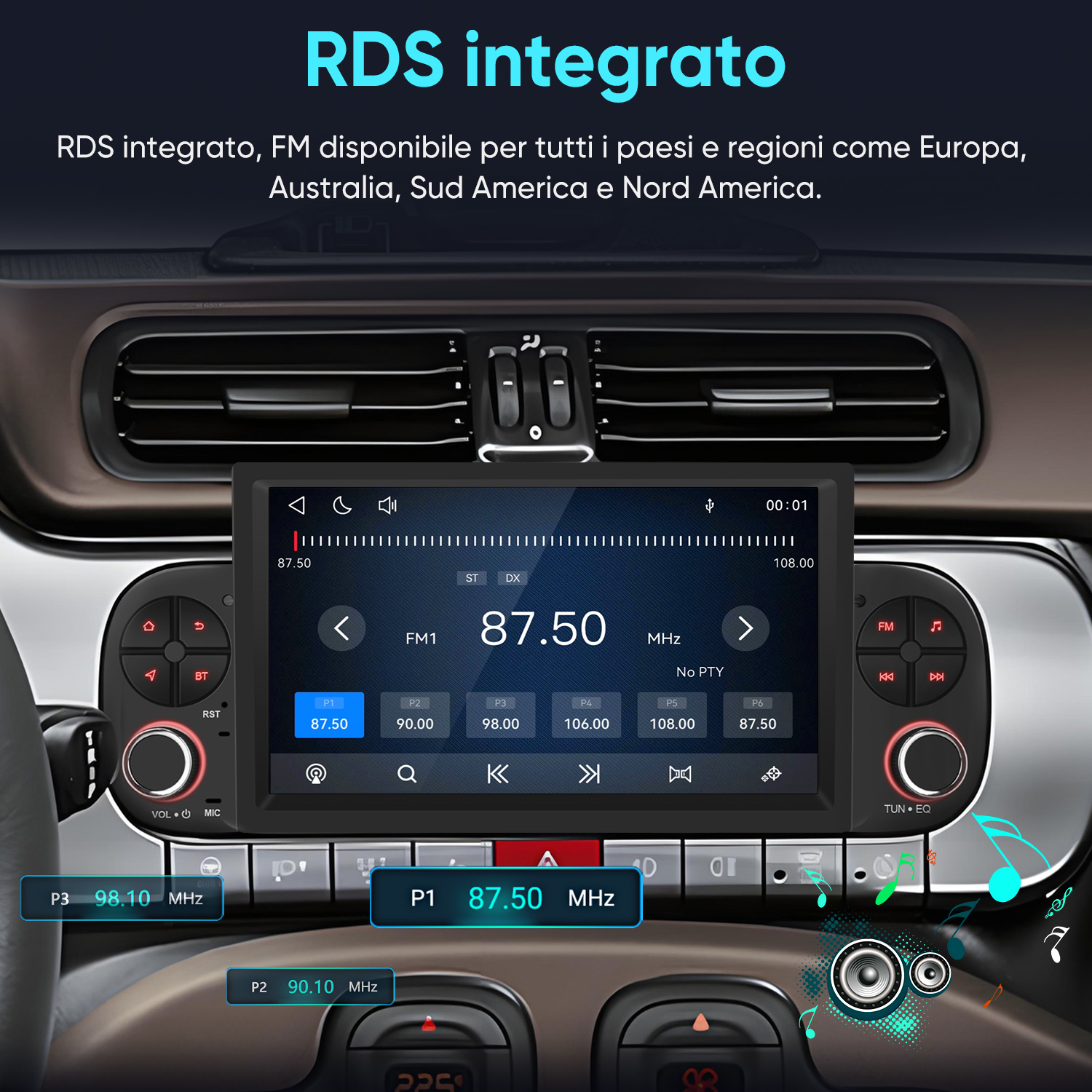 L'immagine mostra il sistema di infotainment di un'auto con la stazione radio 87.50 MHz.