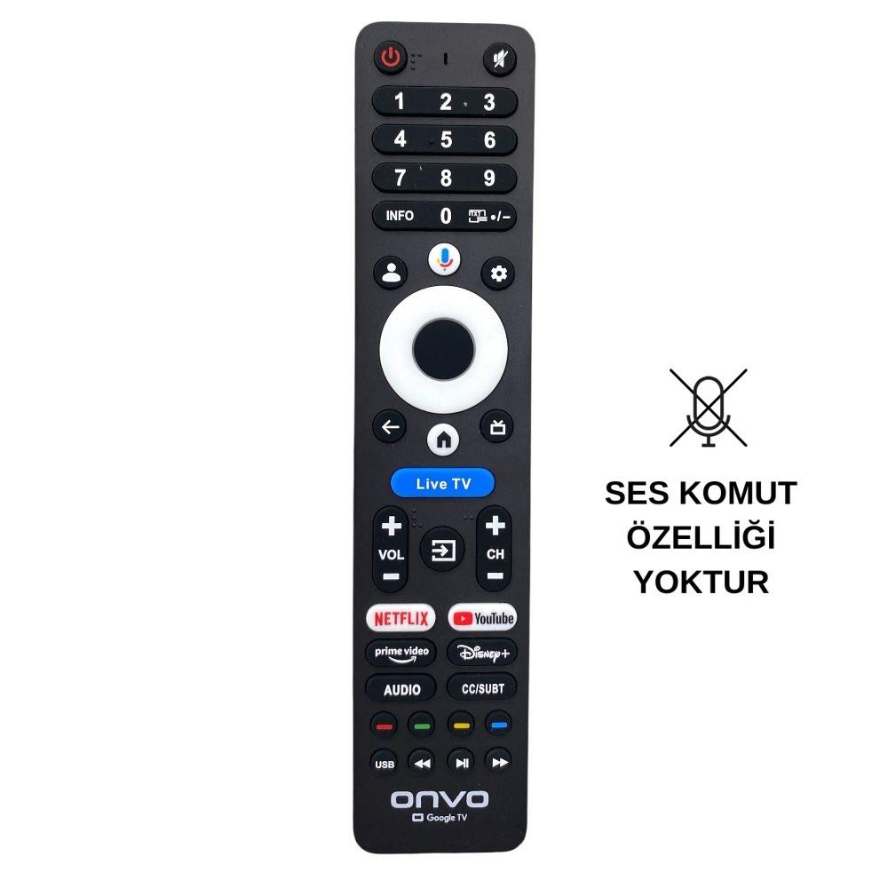 Düğmeler ve yayın uygulaması simgeleri olan siyah TV uzaktan kumandası. 'Ses komut özelliği yoktur'.