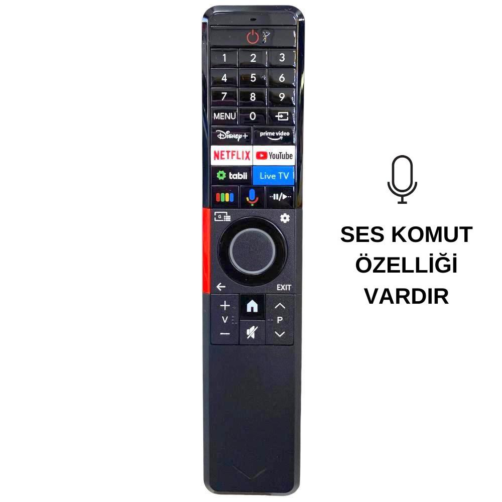 Düğmeler, rakamlar, uygulama simgeleri ve navigasyon dairesi olan siyah kumanda.