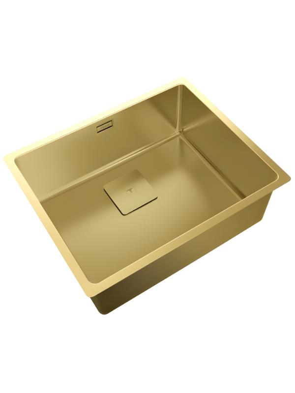 Ortasında kare gider kapaklı dikdörtgen altın rengi lavabo.