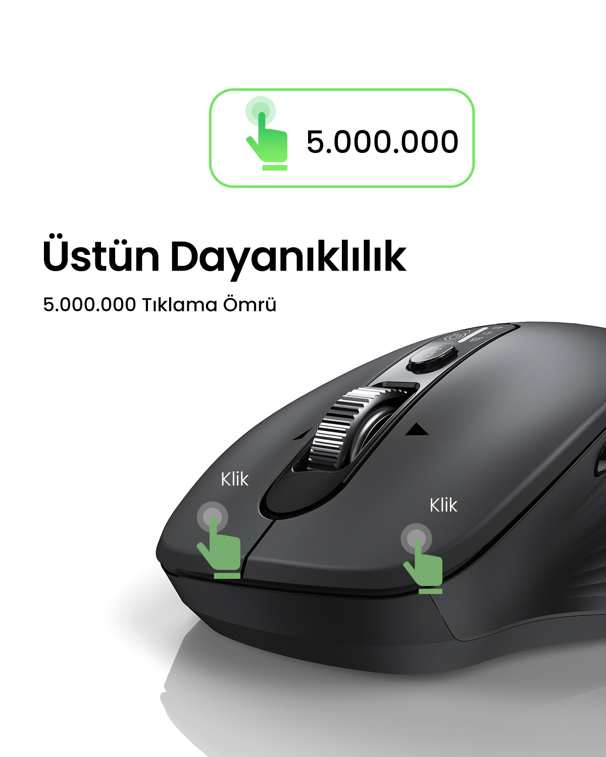 5 milyon tıklamayı gösteren iki tıklama simgeli, siyah fare ve kaydırma tekerleği.