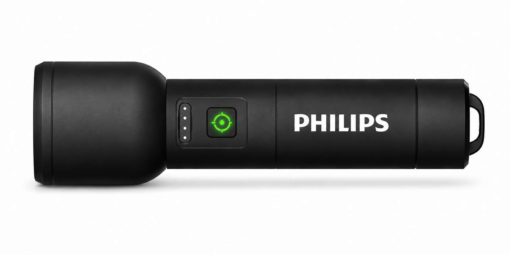 Yeşil nişangah düğmeli ve şarj göstergeli siyah Philips el feneri.