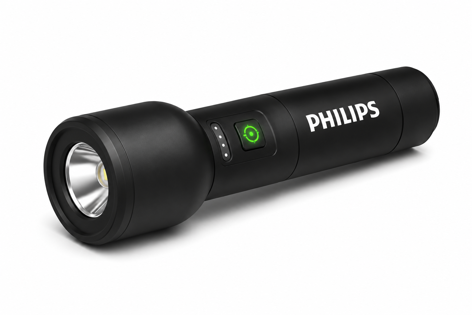 Yeşil güç düğmesi ve şarj göstergeleri olan siyah bir Philips el feneri.