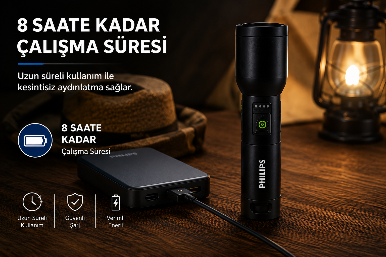 Siyah el feneri ve powerbank, "8 saat çalışma süresi" yazılı.