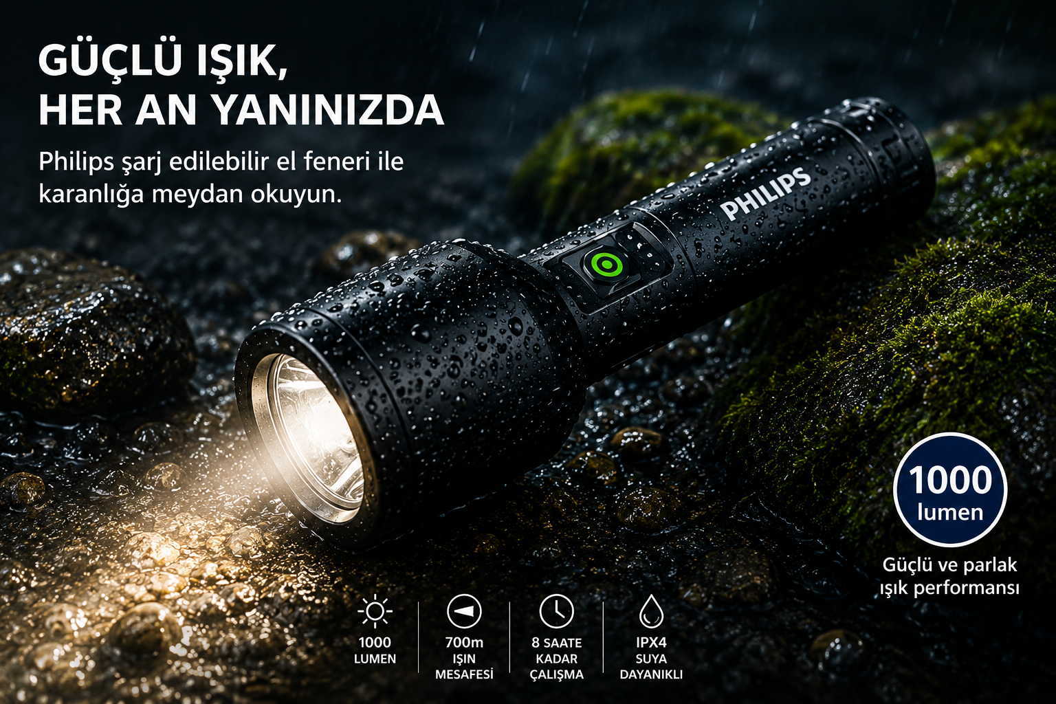 1000 lümenlik siyah Philips fener, ıslak, kayaların üzerinde parlıyor.