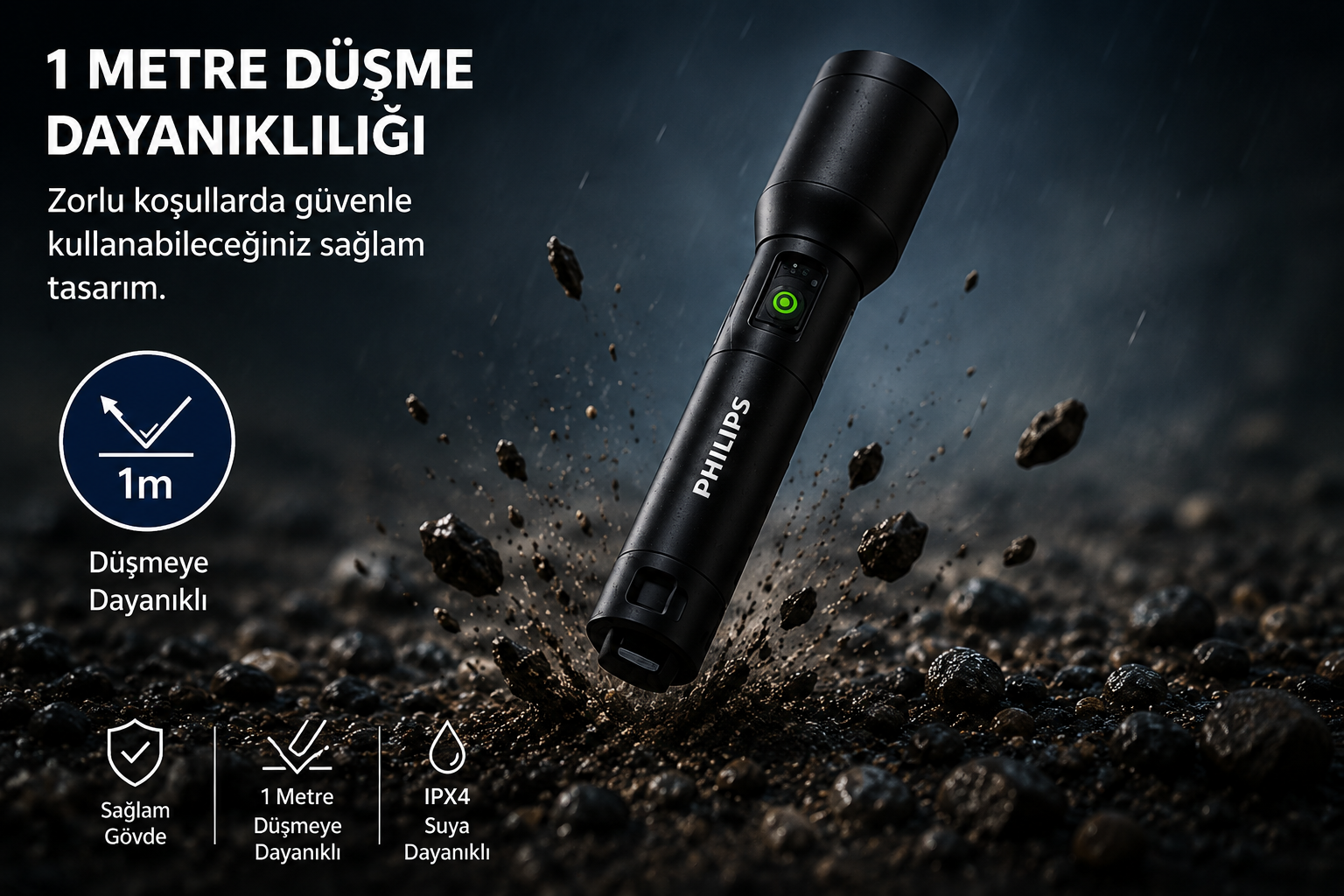 Siyah Philips el feneri, yağmurda kirli zeminde yeşil düğmeli.