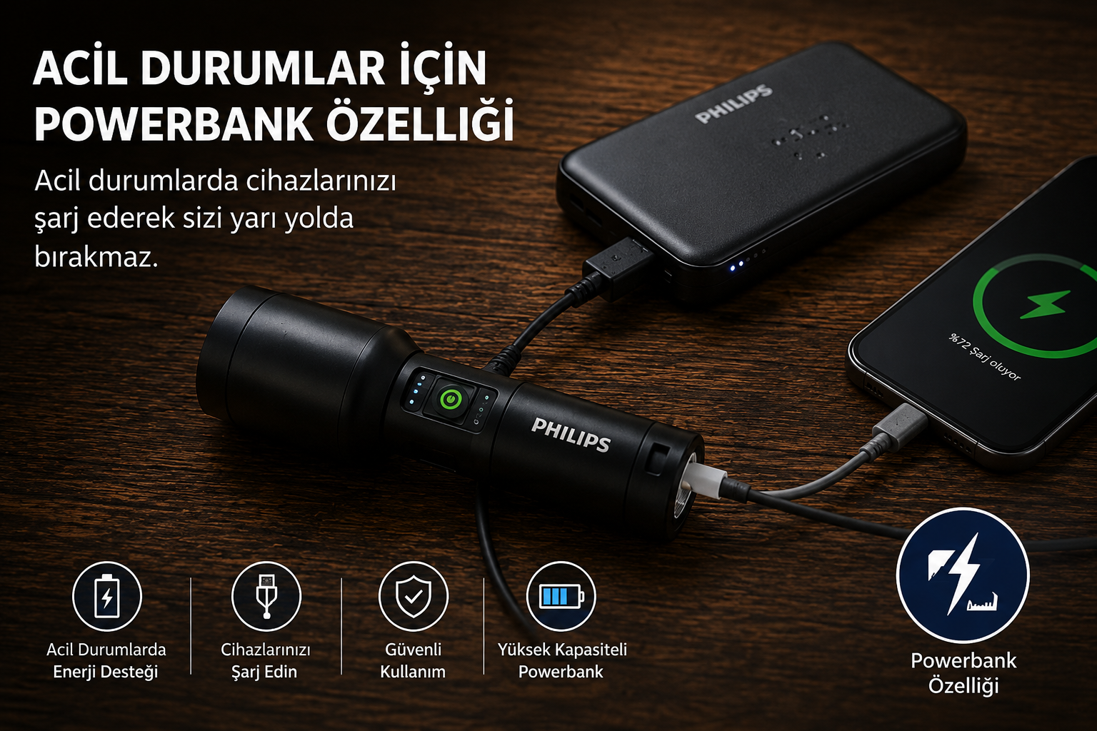 Siyah Philips powerbank akıllı telefonu ve feneri şarj ediyor.
