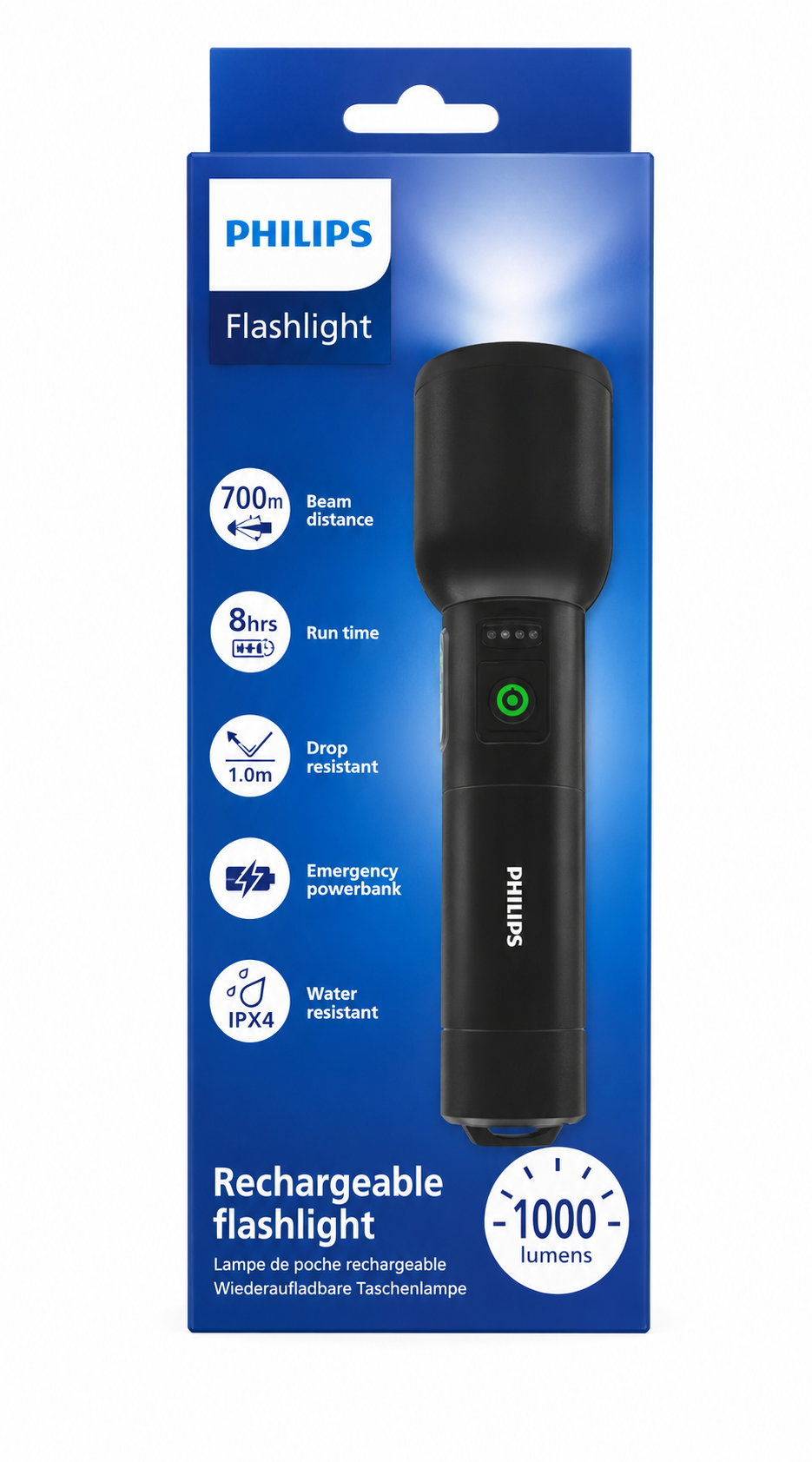 1000 lümenlik şarj edilebilir Philips el feneri ambalajı.