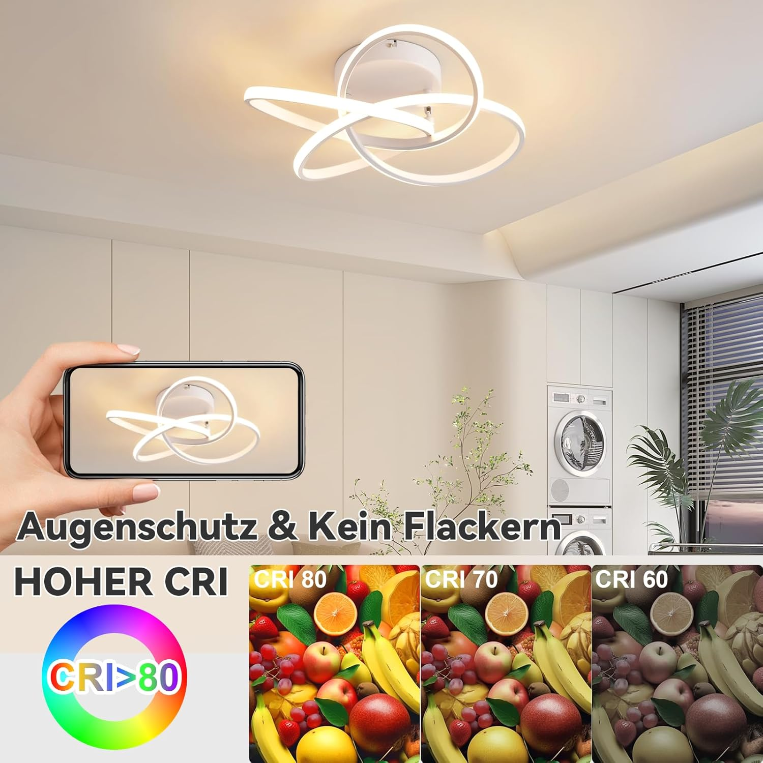 Moderne Deckenleuchte mit Ringen und Obstvergleich bei verschiedenen CRI-Werten.