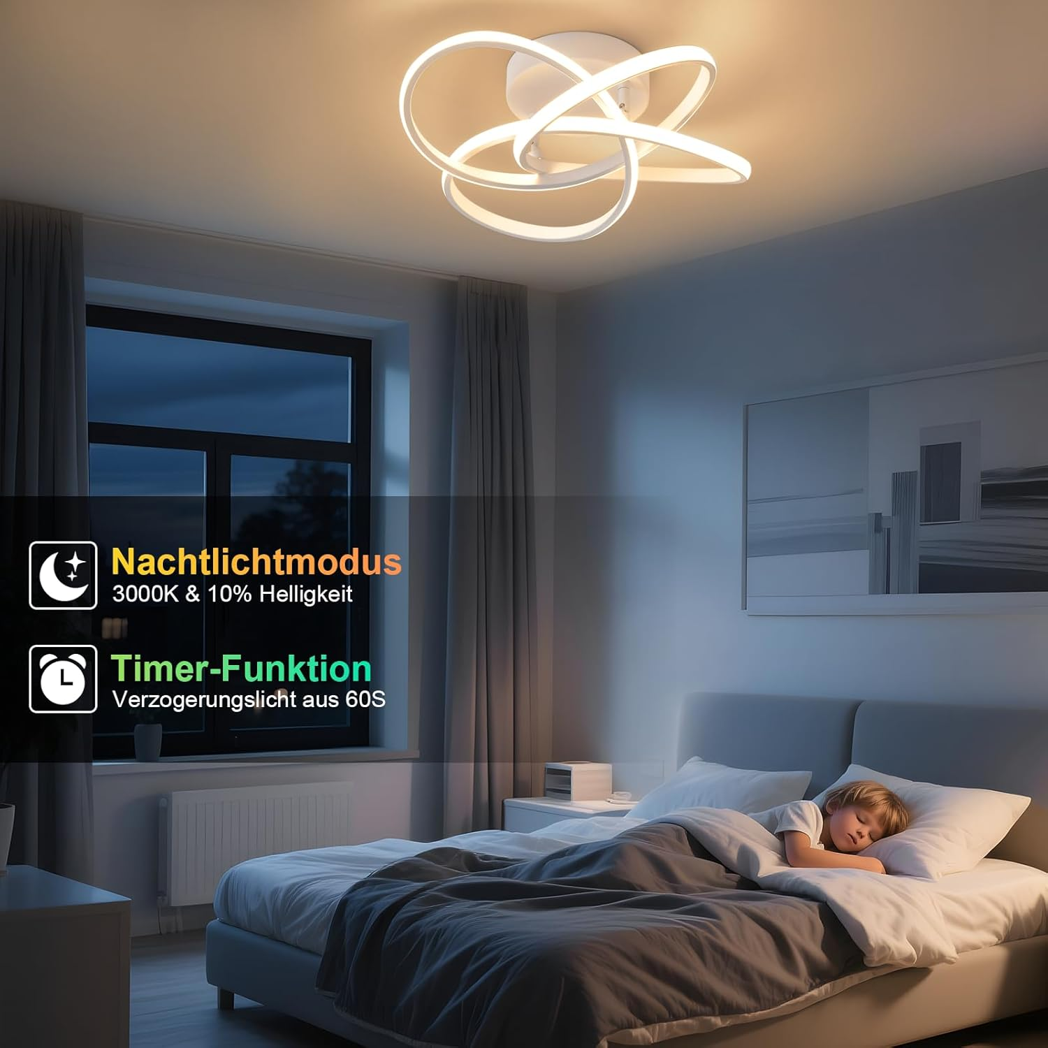 Ein Kind schläft in einem Bett unter einer modernen Deckenleuchte.
