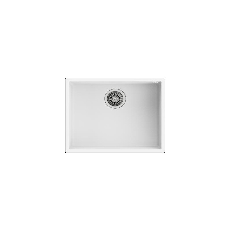 Ortasında gümüş rengi gider bulunan beyaz bir lavabo.