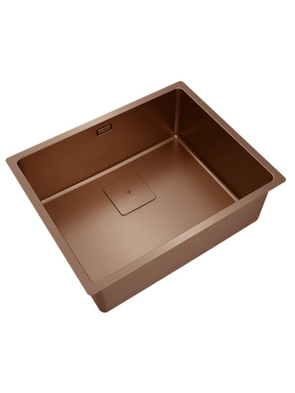 Dikdörtgen kesimli ve kareli ekli bronz renkli lavabo.