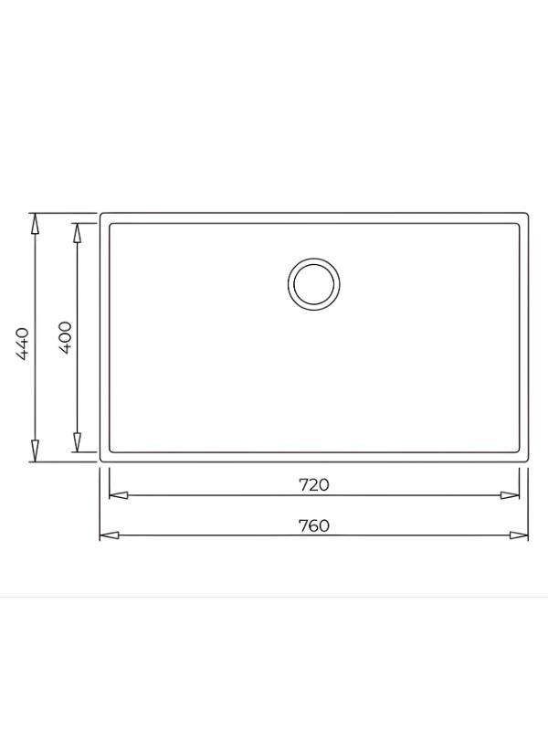 440x760mm boyutlarında dikdörtgen bir lavabonun teknik çizimi.