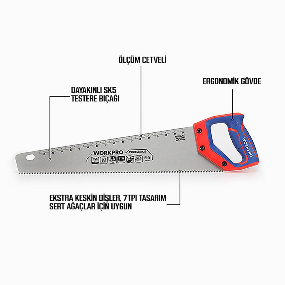 Ölçü cetvelli, SK5 bıçaklı, ergonomik saplı ve keskin dişli testere.