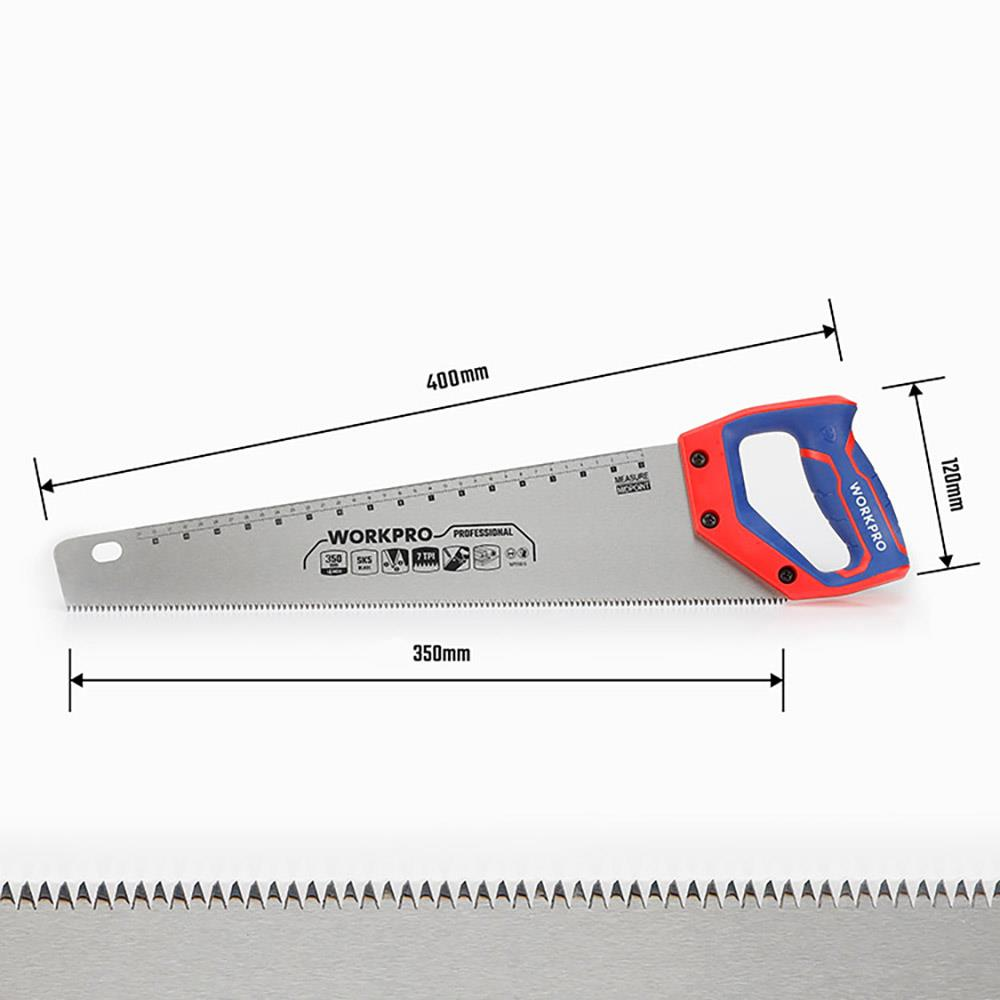 Mavi ve kırmızı saplı, 400mm uzunluğunda metal bıçaklı el testeresi.