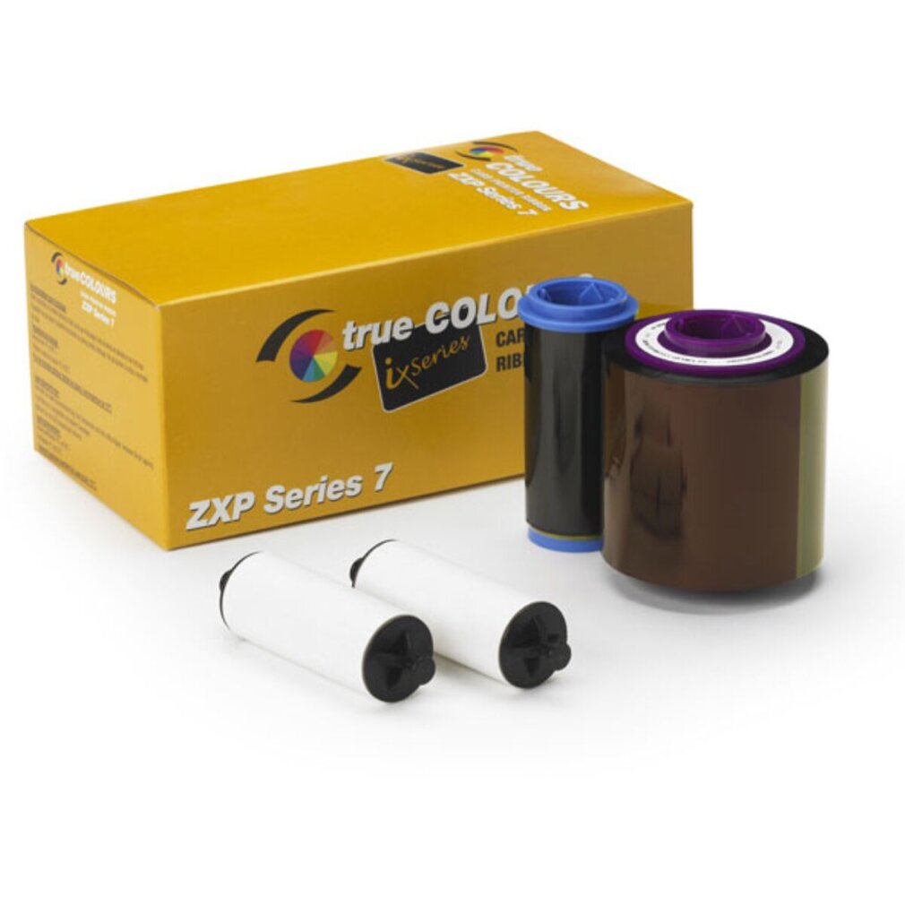 Una scatola gialla con ZXP Series 7 e tre nastri colorati.