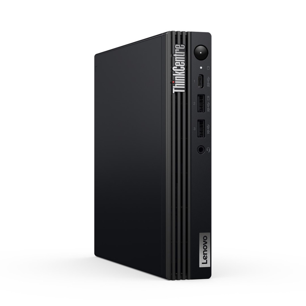Czarny mini komputer Lenovo ThinkCentre z portami z przodu.
