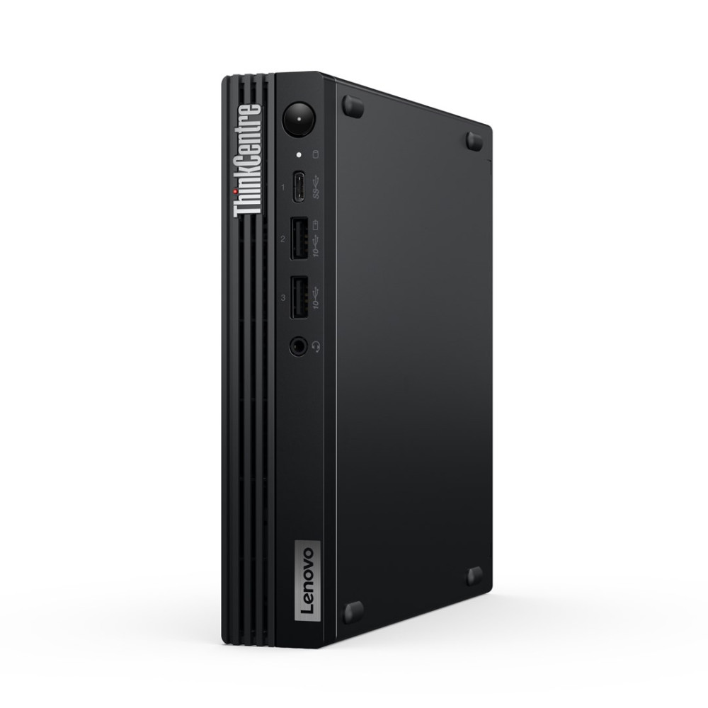 Czarny mini komputer Lenovo ThinkCentre z przednimi portami USB i gniazdem słuchawkowym.