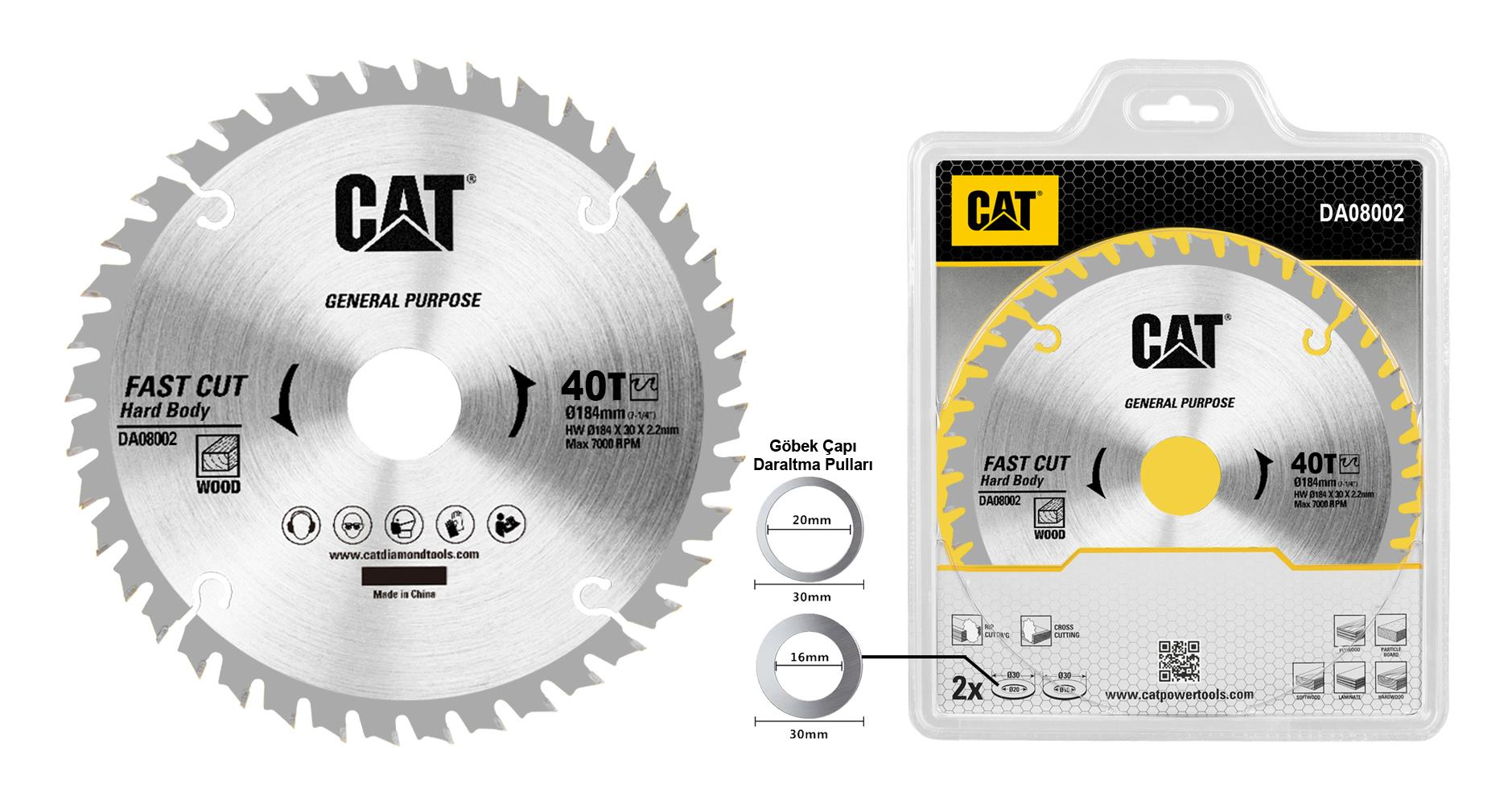 CAT dairesel testere bıçağı, 184mm, 40 diş, ahşap için, aksesuarlarla paketlenmiş.
