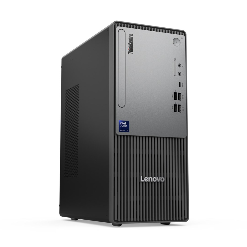 Czarny komputer stacjonarny Lenovo ThinkCentre z procesorem Intel Core Ultra 7.