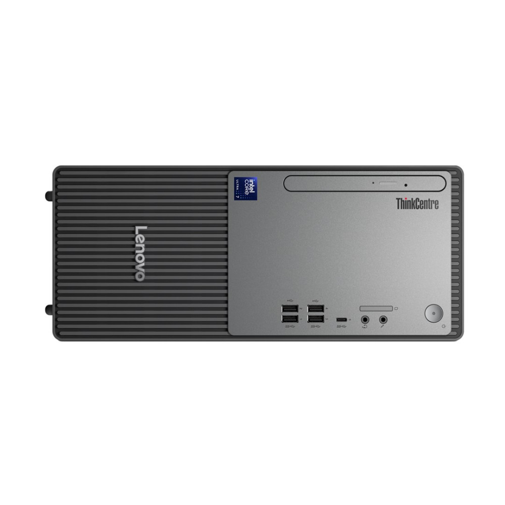 Komputer stacjonarny Lenovo ThinkCentre z procesorem Intel Core Ultra 7. Panel przedni z portami USB.