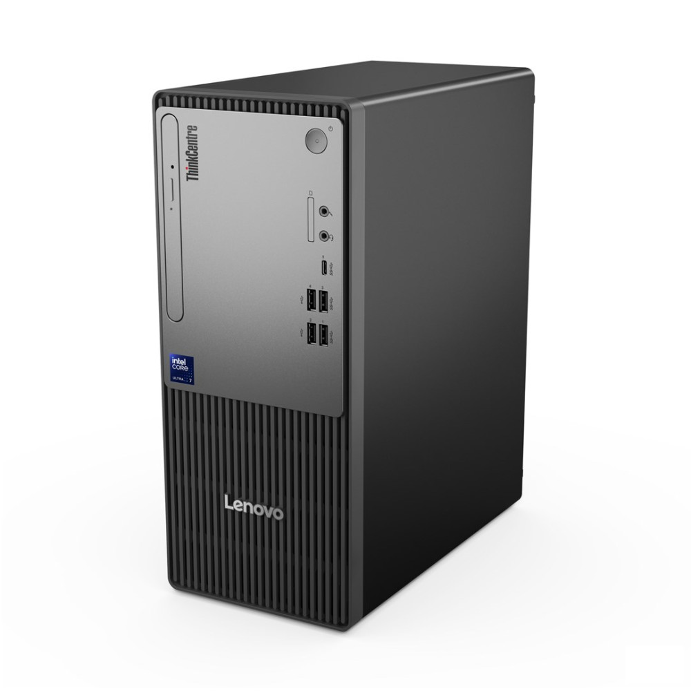 Komputer stacjonarny Lenovo ThinkCentre z srebrnym panelem przednim i czarną obudową.
