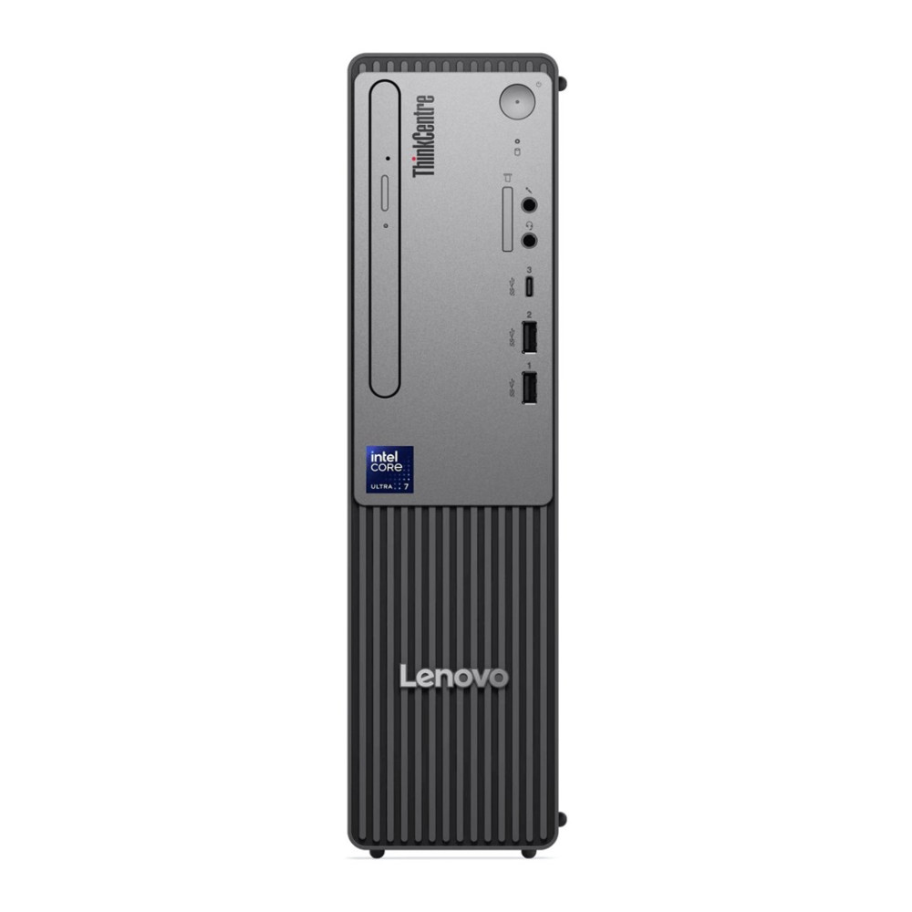 Szary komputer Lenovo ThinkCentre z oznaczeniem Intel Core Ultra 7, widok z przodu.