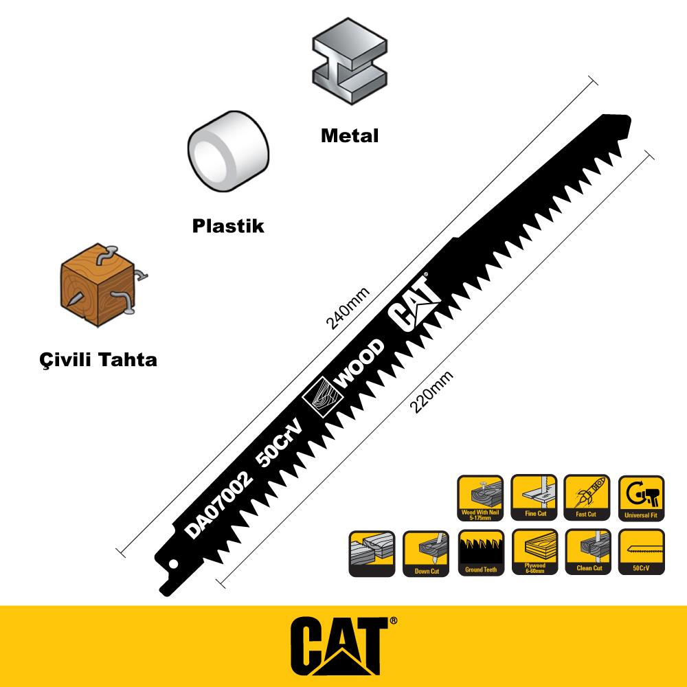 Çivili ahşap, plastik ve metal için testere bıçağı. CAT logosu.
