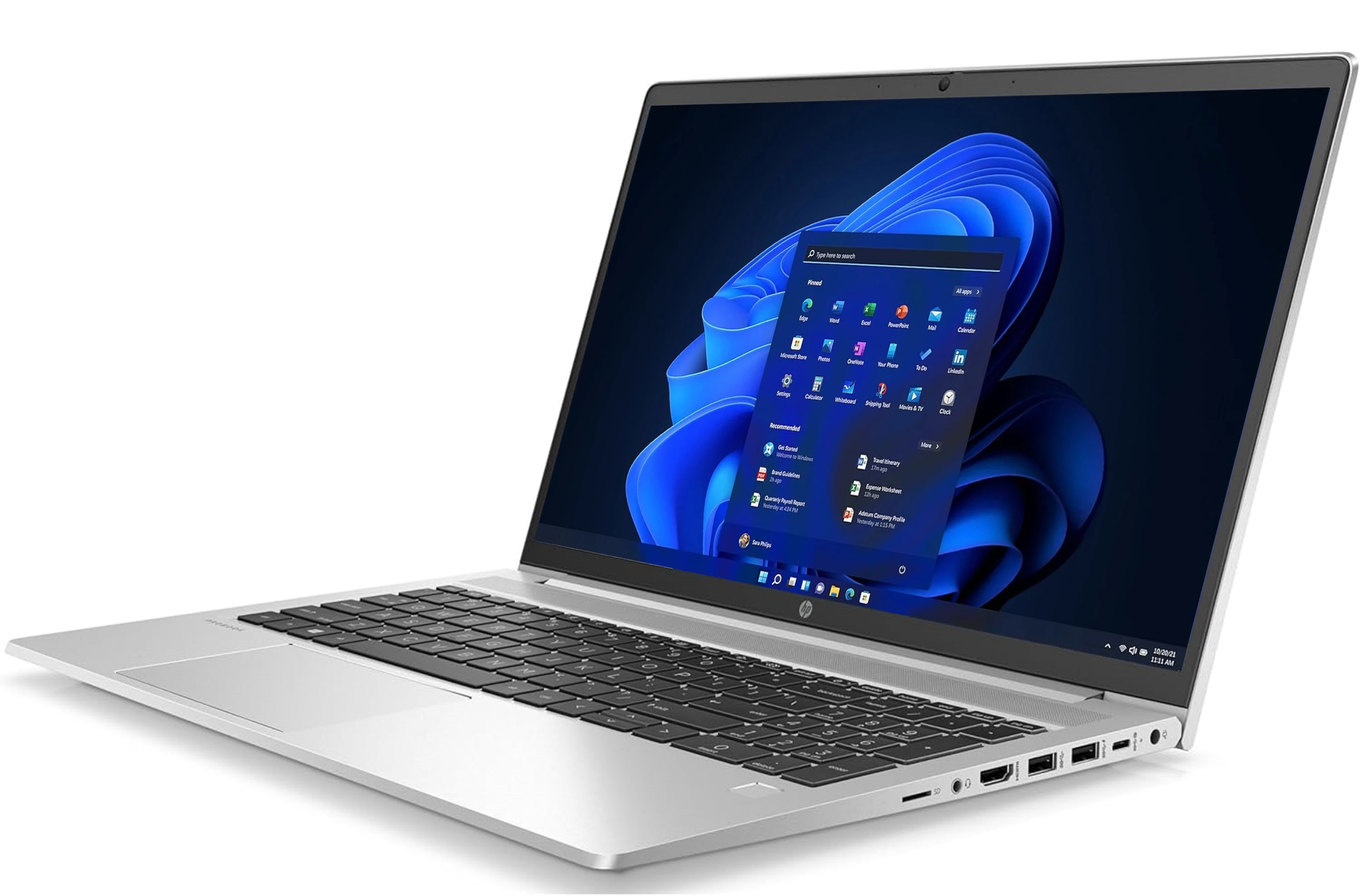 Silberner Laptop mit Windows 11. Offenes Startmenü mit Apps.