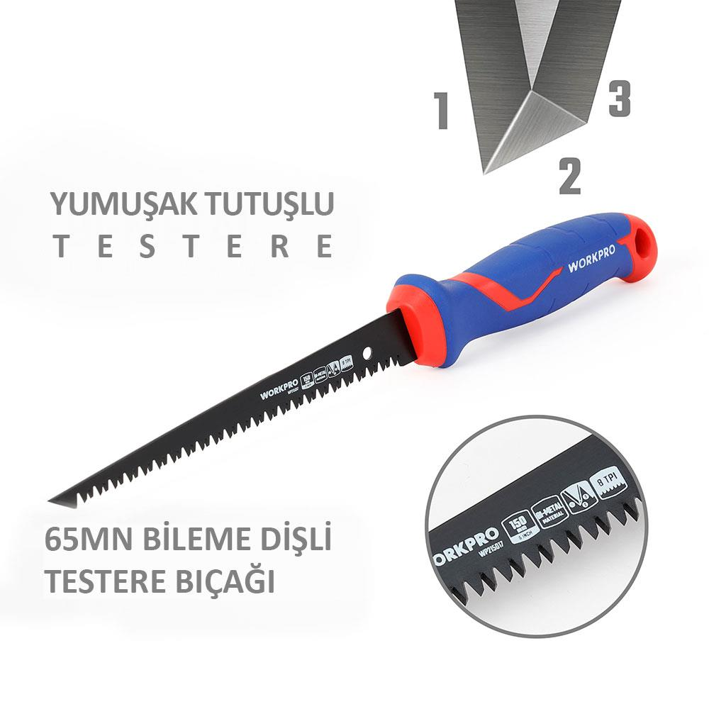 Mavi ve kırmızı saplı, siyah dişli testere.
